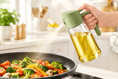 Bottle spraying oil into a pan