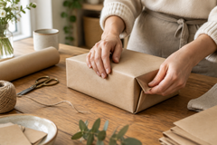 Hands wrapping a parcel