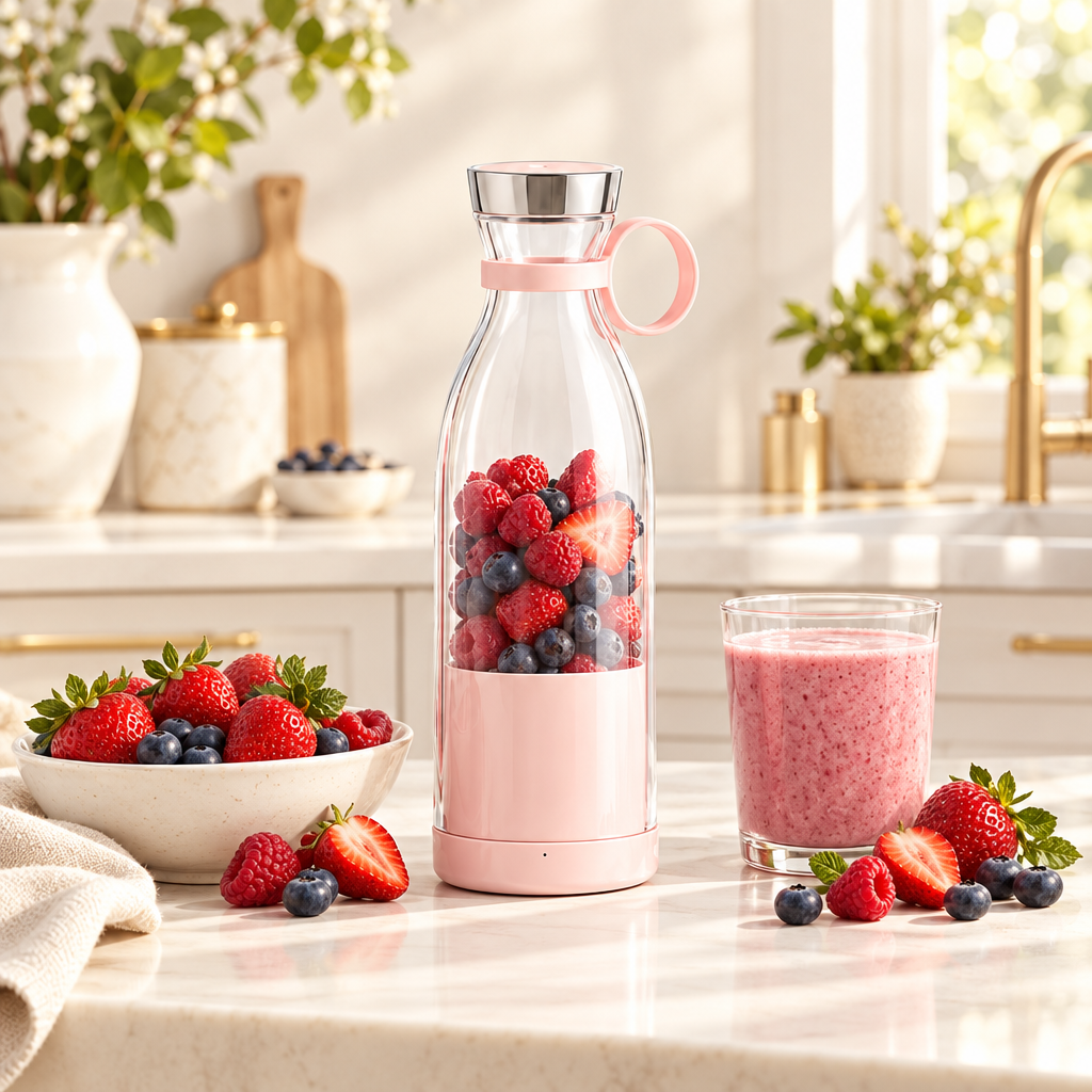 Pink blender with berries and smoothie