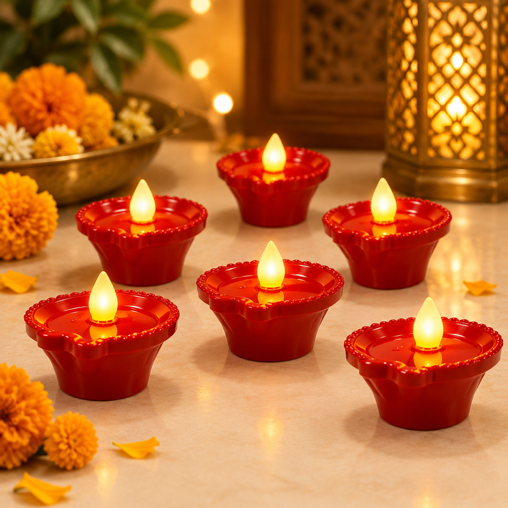 Red LED diyas in a festive setting